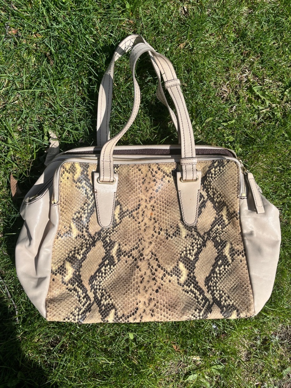 Fransesco Biasia w strap Neutral Snake-Print Tote Bag with Beige Trim